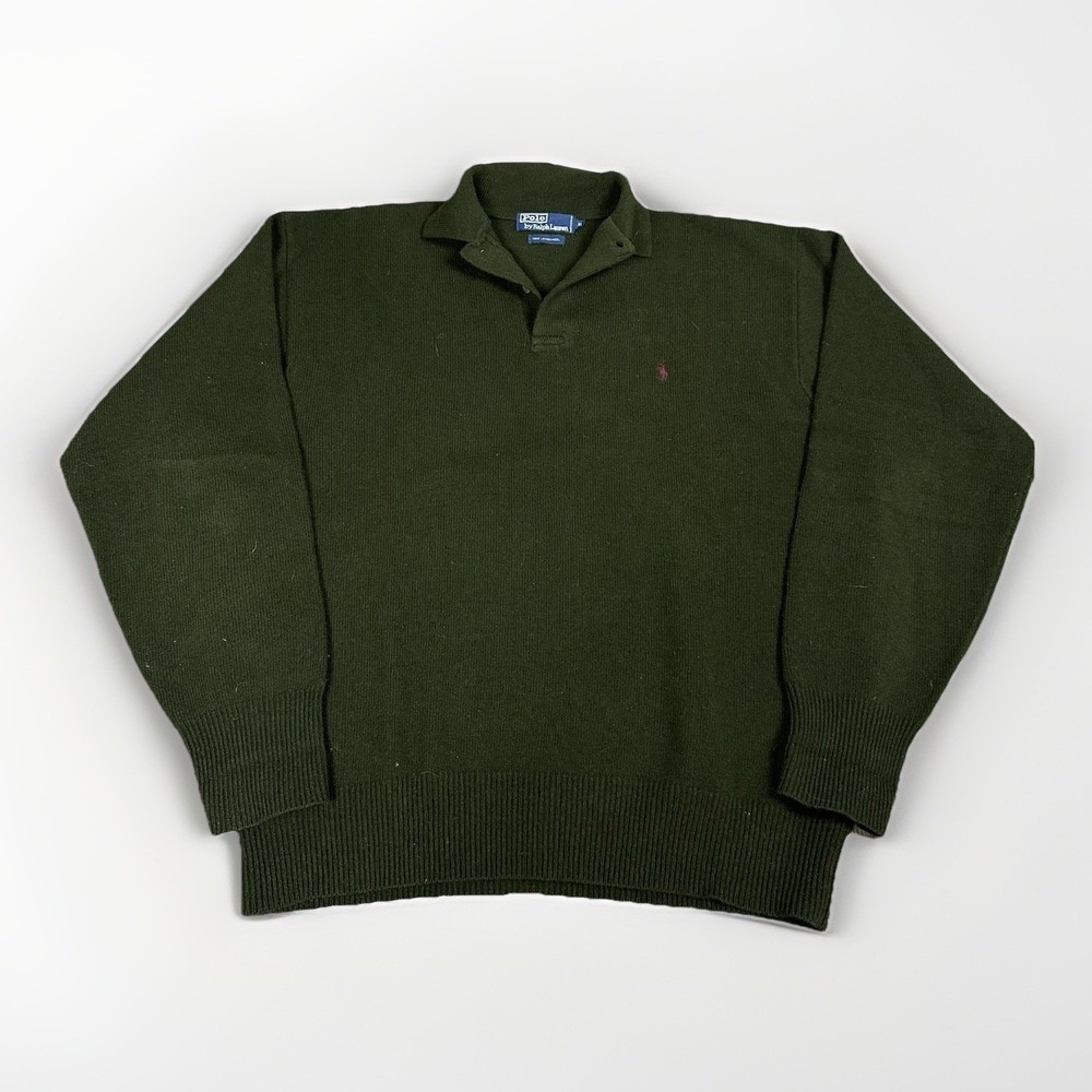 VTG Polo Ralph‎ Lauren Sweater Mens XL Green 100% Lambswool Collared 2 Button